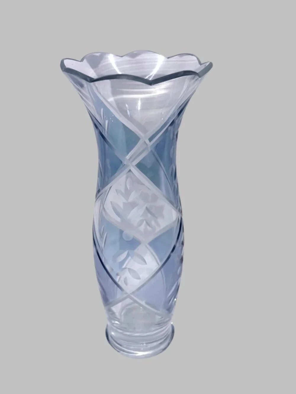 Vintage Bohemian Czech Blue Cut to Clear Art Glass Vase Scalloped 9